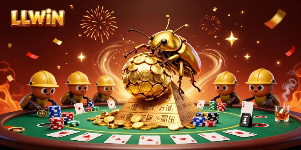 Engage with LLWIN through this captivating casino scene showcasing gaming elements, beetles, and vibrant visuals.