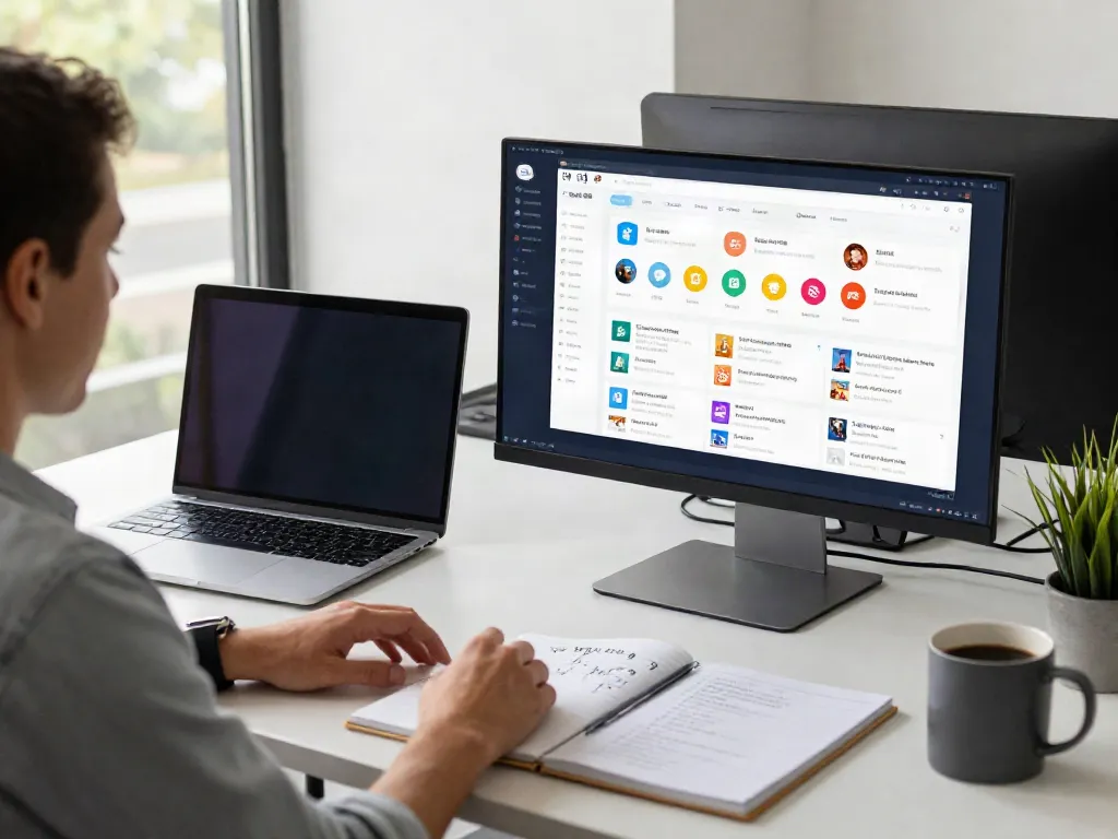 User interacting with a 링크모음 website in a modern workspace, showcasing categorized site links and productivity elements.