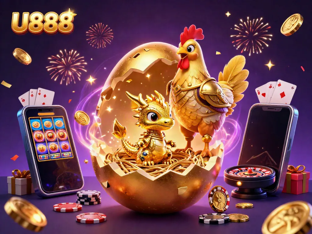 Experience thrilling gambling excitement at U888 with a golden dragon and game symbols.