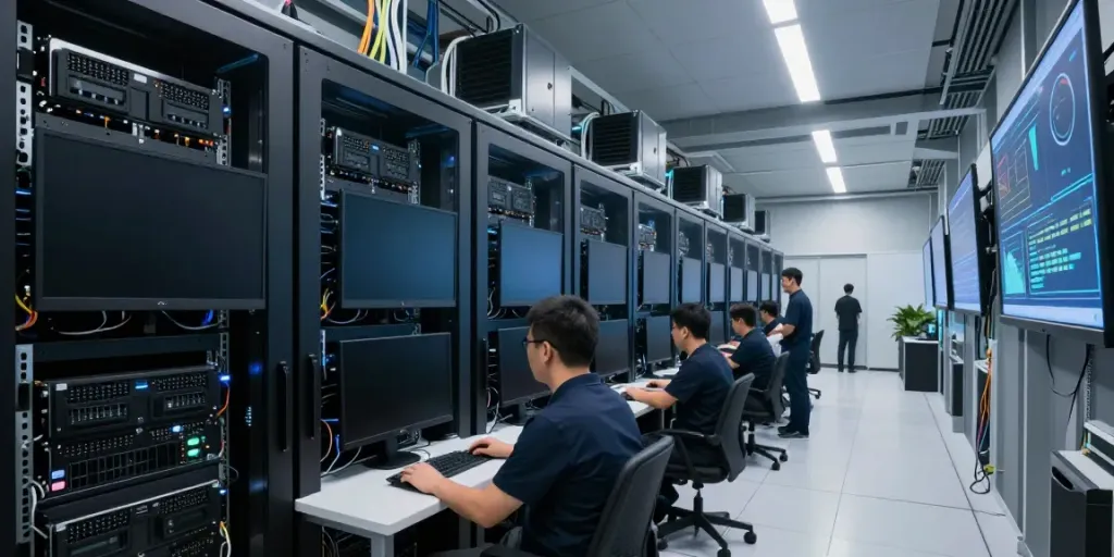 AI data center with advanced GPU racks and real-time monitoring systems in a modern workspace.