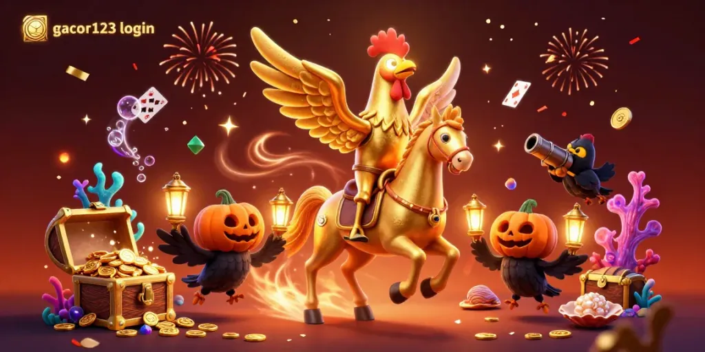Experience the thrill of gacor123 login with golden rooster, spectral horse, and treasures in a dynamic casino scene.