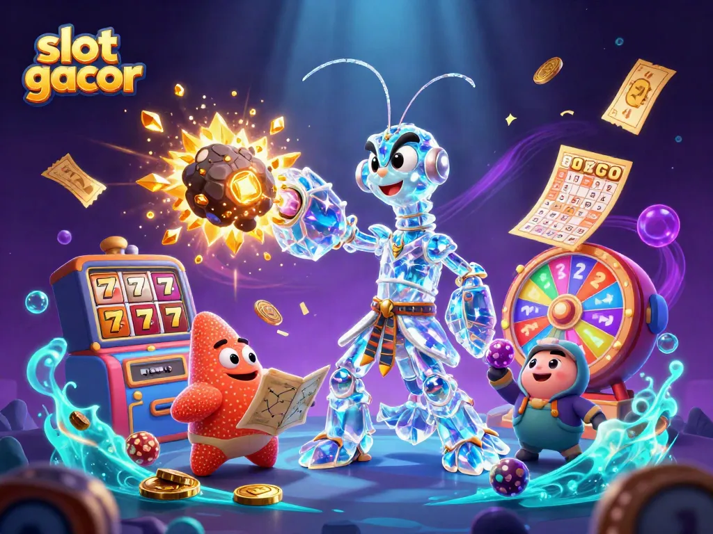 Experience slot gacor with a vibrant 3D illustration of a galactic mantis shrimp amid slot elements.