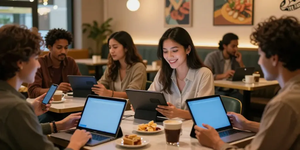 Vibrant social setting of friends engaged in spicy AI chat conversations at a cozy café, highlighting modern digital interaction.