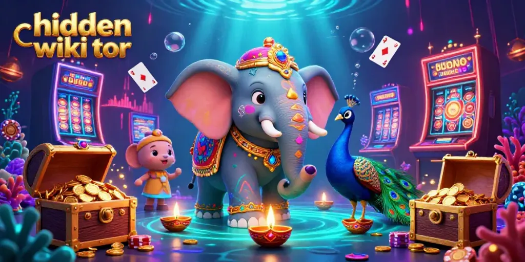 Engage with hidden wiki tor through this vibrant 3D casino scene featuring an elephant, peacock, and dynamic gambling elements.