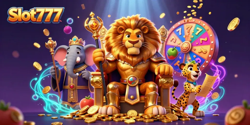 Experience the excitement of Slot777 with a fierce lion king and dynamic slot elements.