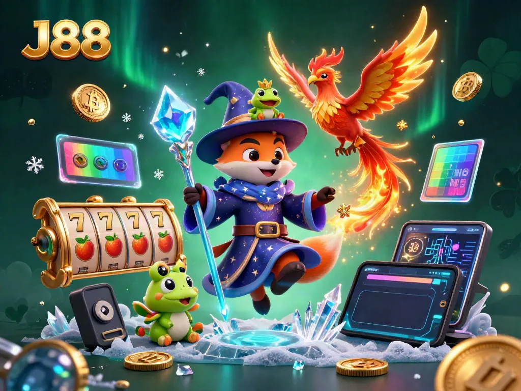 Experience thrilling J88 slots with mystical characters in a vibrant casino scene.