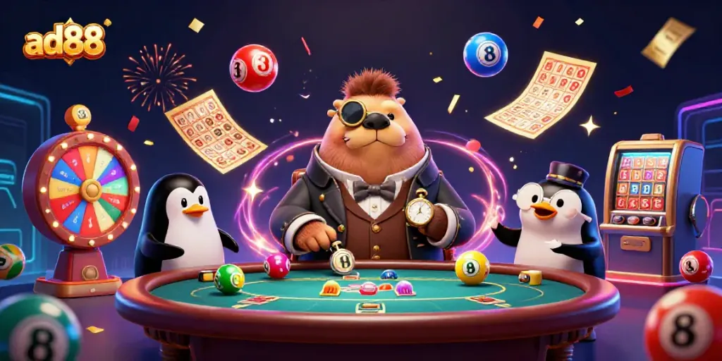Experience thrilling gaming action at ad88 as an underwater walrus plays poker surrounded by vibrant lottery elements.