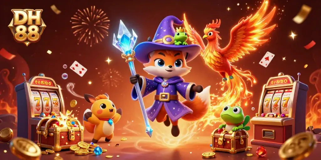 Experience the magic of DH 88 at an exciting online casino with floating slot machines and vibrant celebrations.