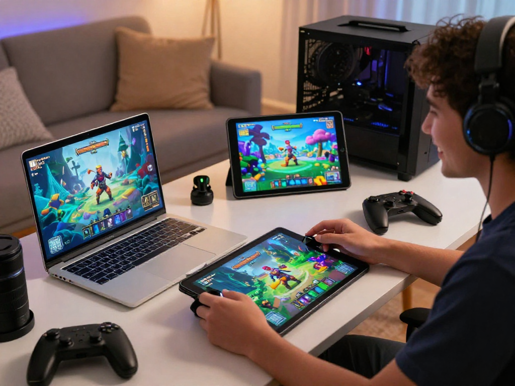 Engaging scene of game sex featuring a gamer enjoying adult games on multiple devices in a cozy modern setting.