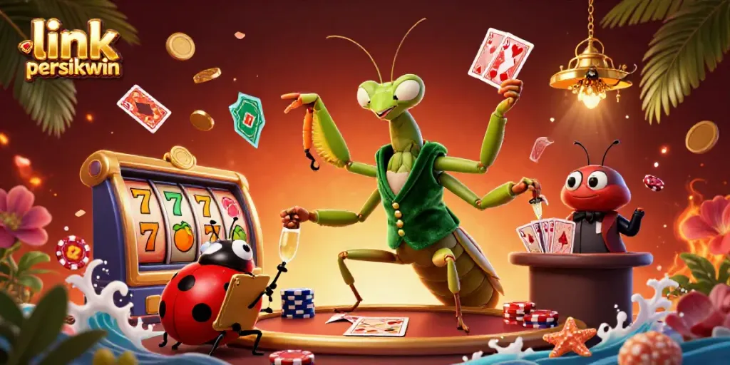 Menang besar dengan link persikwin di kasino online, ilustrasi 3D penuh warna.
