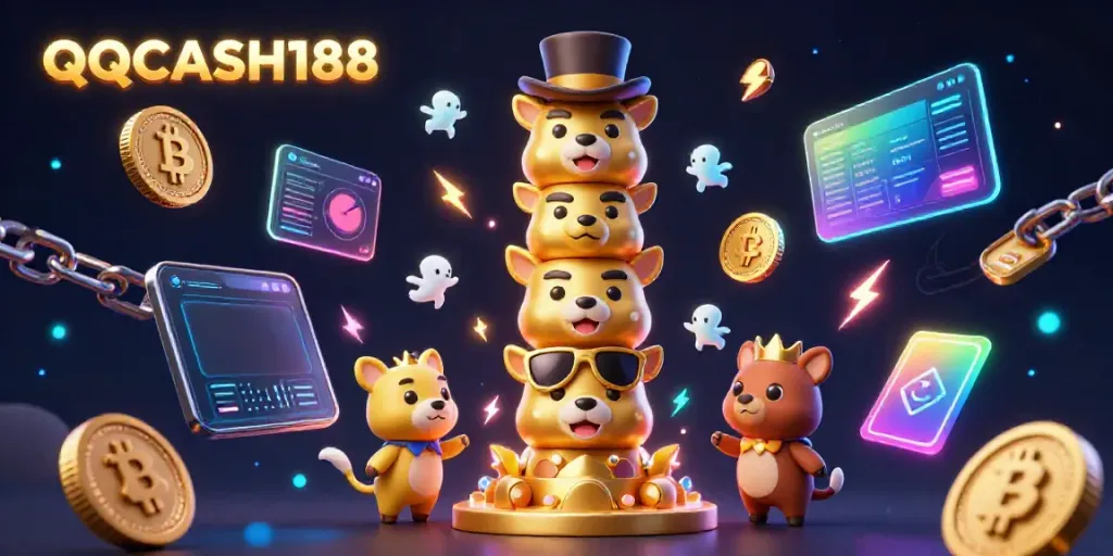 Experience the excitement of QQCASH188 with vibrant casino-themed 3D art showcasing cryptocurrency elements and a magical atmosphere.