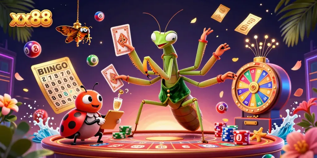 xx88 casino scene with a giant praying mantis and ladybug characters celebrating with lottery elements.