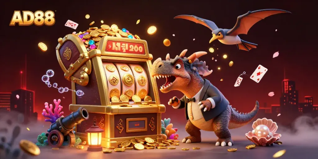 AD88 gameplay scene with a cartoon dinosaur celebrating a jackpot, surrounded by coins and vibrant casino elements.