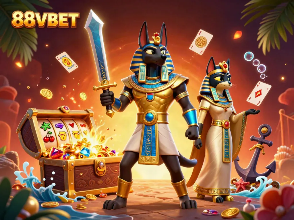 Experience the thrill of gaming with 88VBET, featuring ancient Egyptian characters and vibrant slot elements.