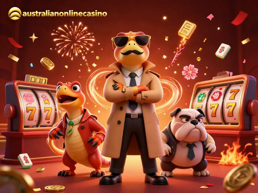 Experience gaming excitement at australianonlinecasino with raptors in trench coats entering a VIP lounge.