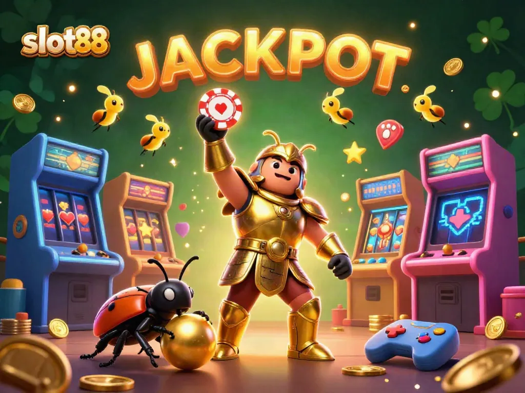 Experience exciting gameplay at slot88 with a victorious beetle championing jackpots in a vibrant casino.