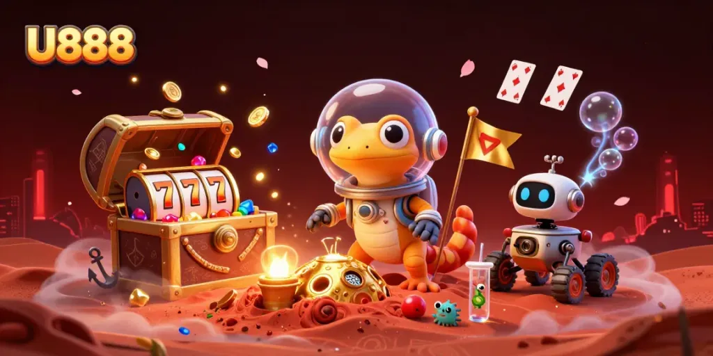 Experience thrilling gaming adventures with U888 in a dynamic 3D casino scene filled with excitement.