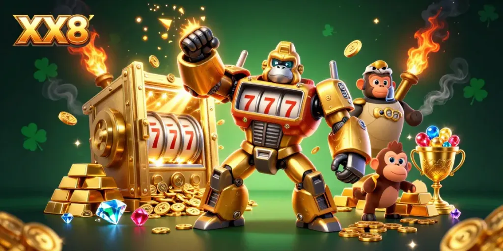 Experience the thrill of gaming with the XX8 gorilla mech surrounded by gold and jewels.