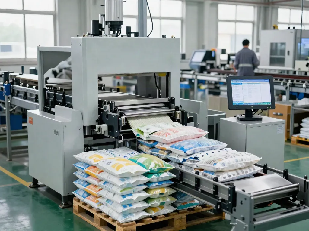 Automatic bag palletizer machine efficiently stacking bags in a modern manufacturing facility.