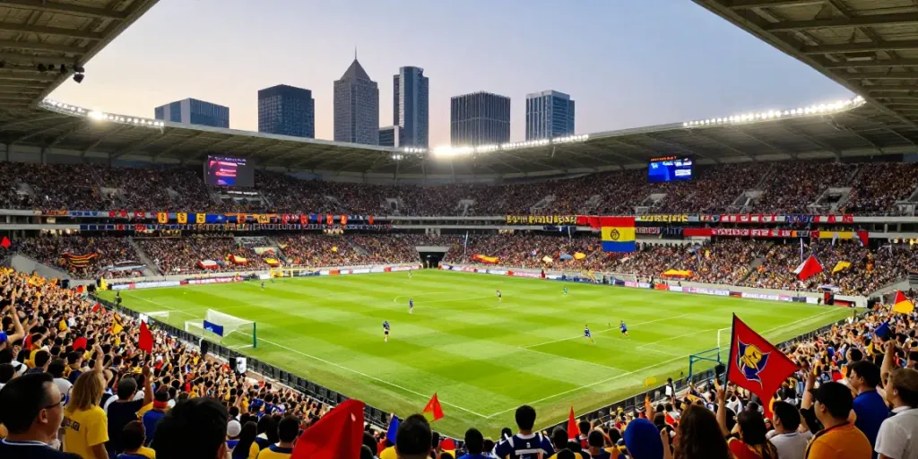 Exciting football stadium scene showcasing vibrant energy during a match, highlighting TOP10สนาม atmosphere.