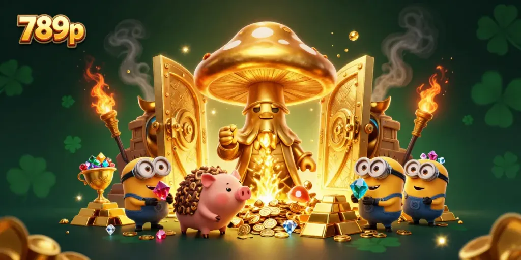 Bet on 789p with a dazzling illustration of magical creatures unleashing treasure in a vibrant casino setting.