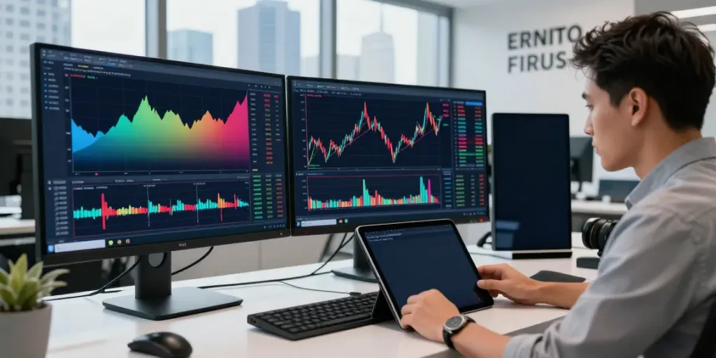 Trader using MetaTrader 5 on multiple screens in a modern office.
