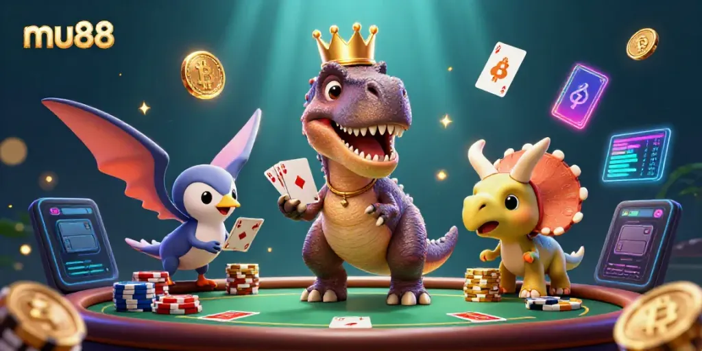 Dynamic scene of mu88 characters shuffling cards and stacking chips, showcasing a vibrant casino atmosphere.
