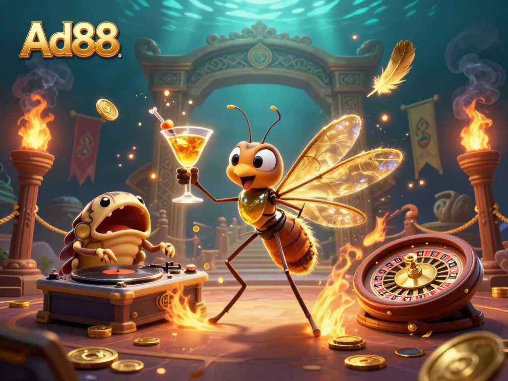 Engage with Ad88's dynamic casino scene featuring rich colors and exciting characters.