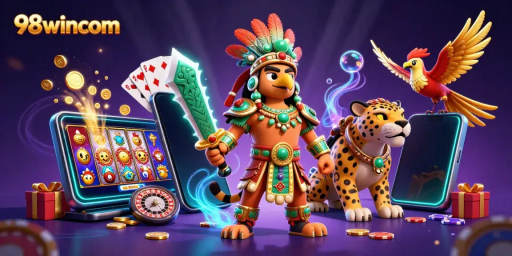 Experience winning strategies at 98wincom with this vibrant casino-themed illustration.
