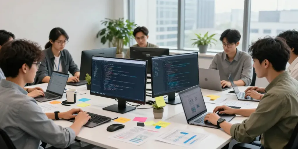 Developers using AI writing tools for SaaS companies in a modern office.