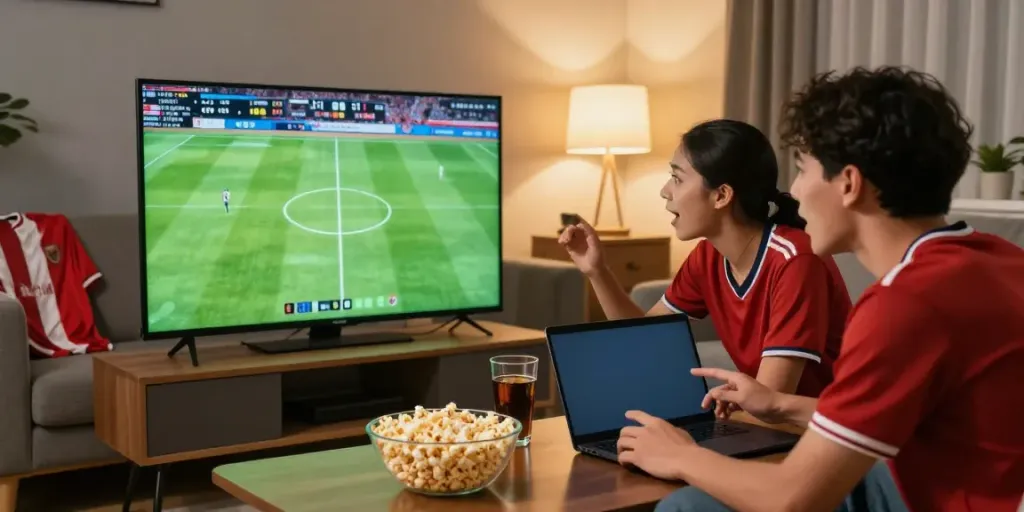 Friends enjoying a soccer match, discussing WWBOLA betting odds with snacks on the table.