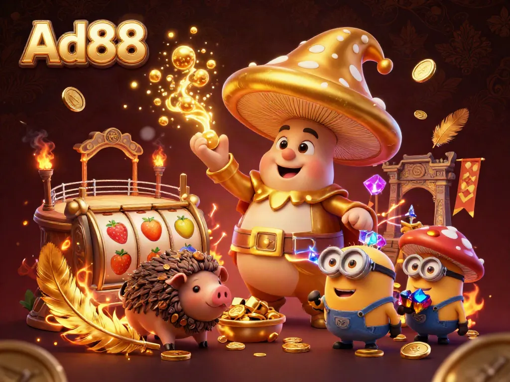 Experience exciting gameplay at Ad88, featuring an enchanting golden wizard in a vibrant casino-like setting.