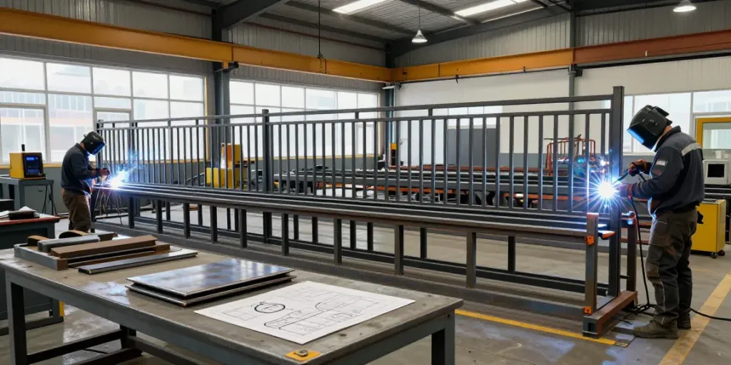 Skilled artisans engaged in steel fabrication, showcasing craftsmanship and metalwork.
