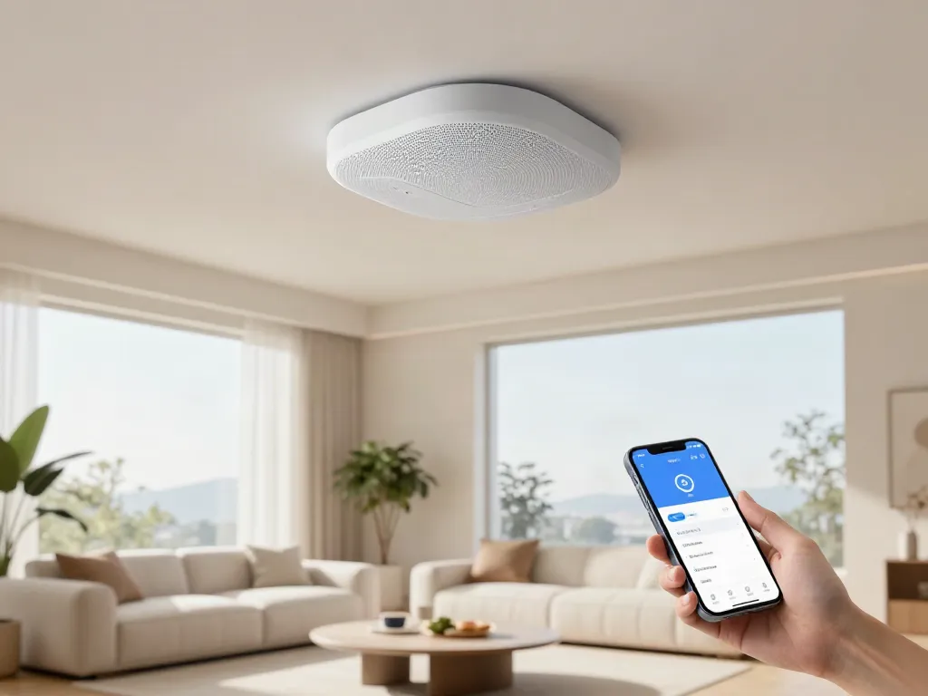 Smart ceiling speaker integrated into a modern living room, highlighting stylish design and functionality.