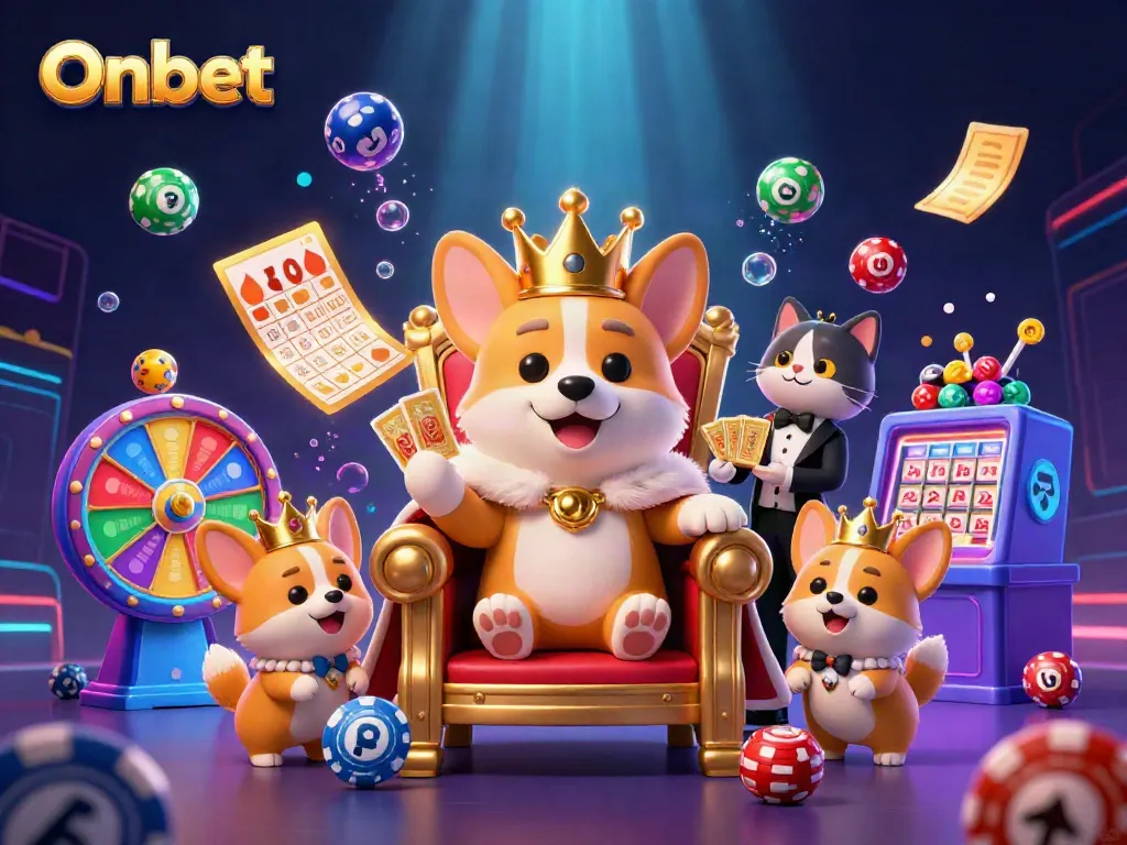 Experience the excitement of Onbet as cartoon characters celebrate gaming with vibrant lottery balls and poker elements.