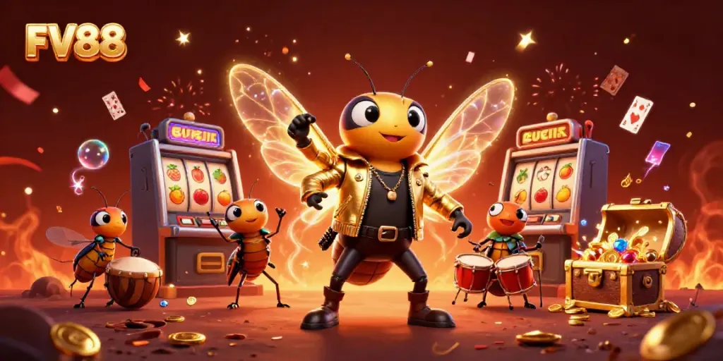 Experience the excitement of FV88 with a vibrant 3D scene featuring immersive casino elements and characters.