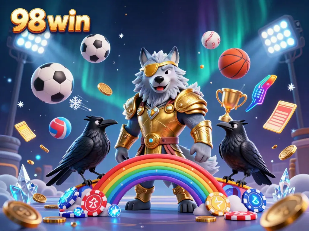Experience the thrilling 98 win casino scene with Odin and ravens amid dynamic sports betting elements.