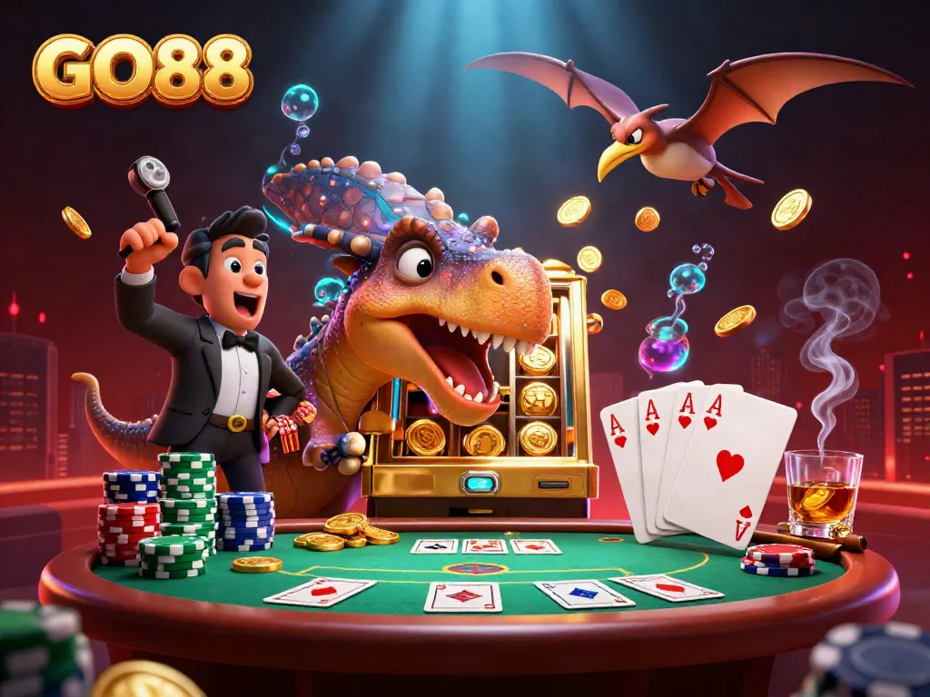 GO88's pachycephalosaurus engages a slot machine for a jackpot, capturing the thrill of online gambling.