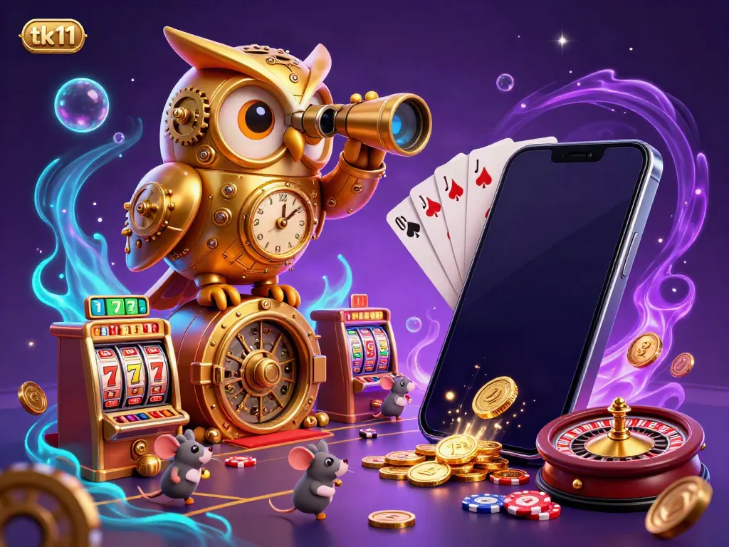 Experience the excitement of tk11 with a vibrant casino floor scene featuring a golden owl and dynamic game elements.