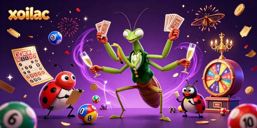 Experience the vibrant thrills of xoilac as a giant mantis card sharp pours champagne in this lively casino scene.