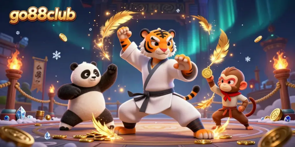 Experience the thrilling action at go88club with a kung fu master and characters in a vibrant casino scene.