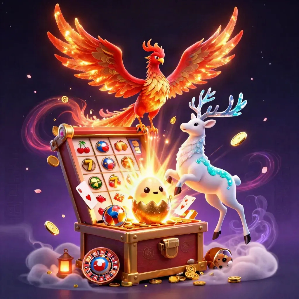 Phoenix, stag, and hatching chick erupt from a jackpot slot machine in gold and teal.