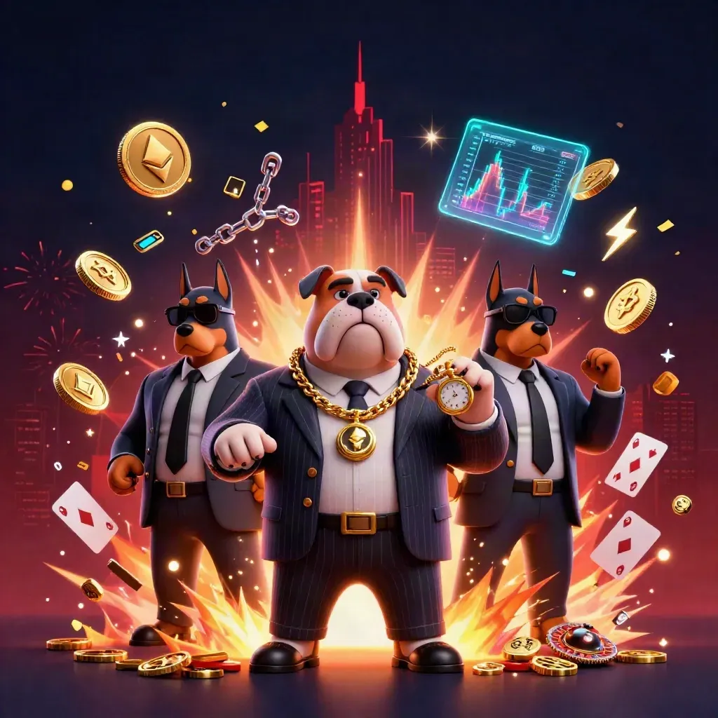 Bulldog mob boss with two Dobermans amid casino coins, neon lightning, and treasure