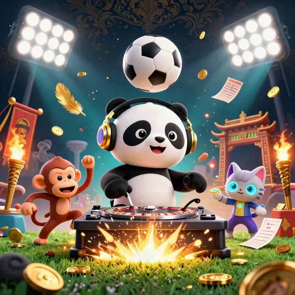 Ground-level casino-sport art with panda DJ, monkey, kitten, soccer ball, coins, and torchlight.