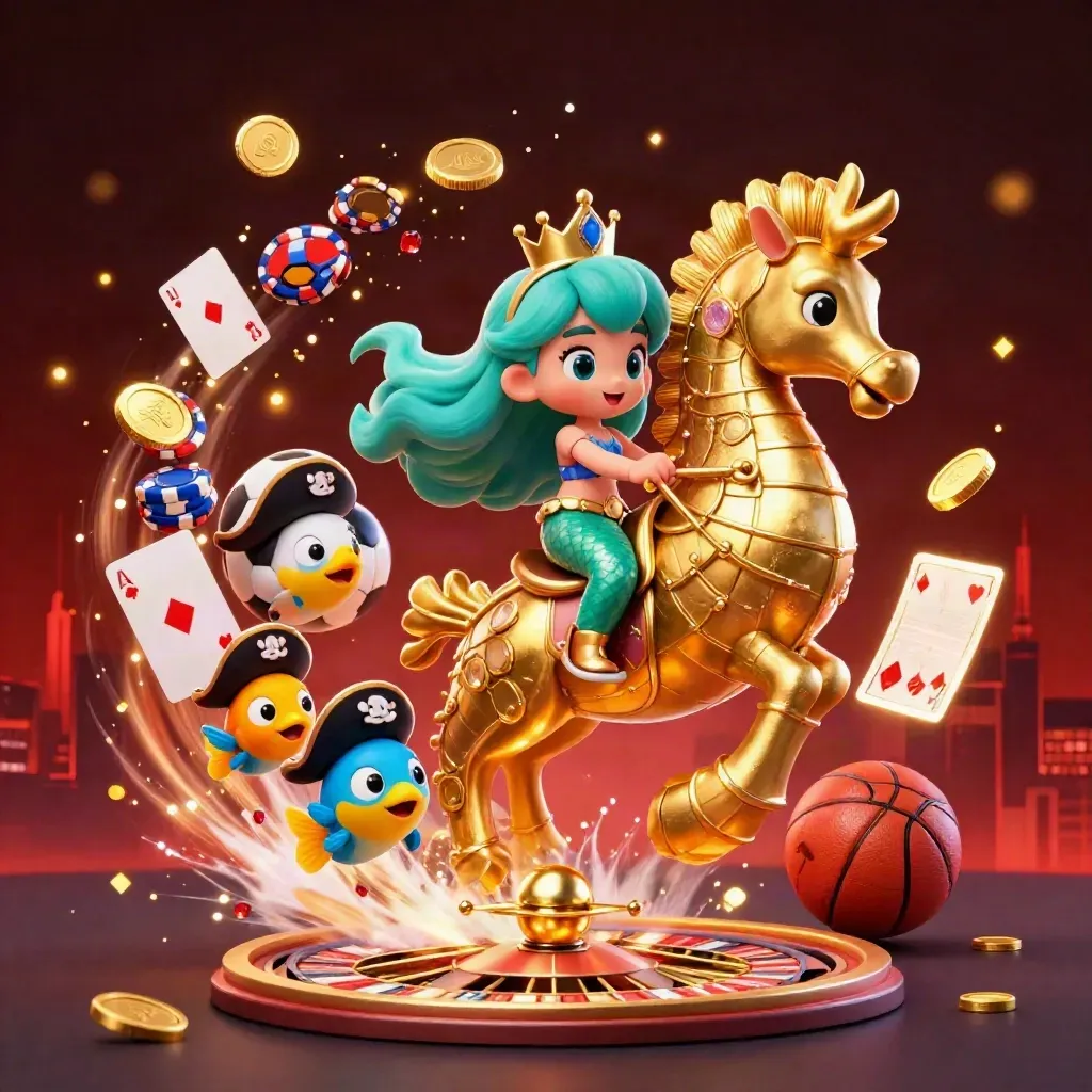 Mermaid princess on golden seahorse amid coins, chips, cards, balls, and glowing casino lights