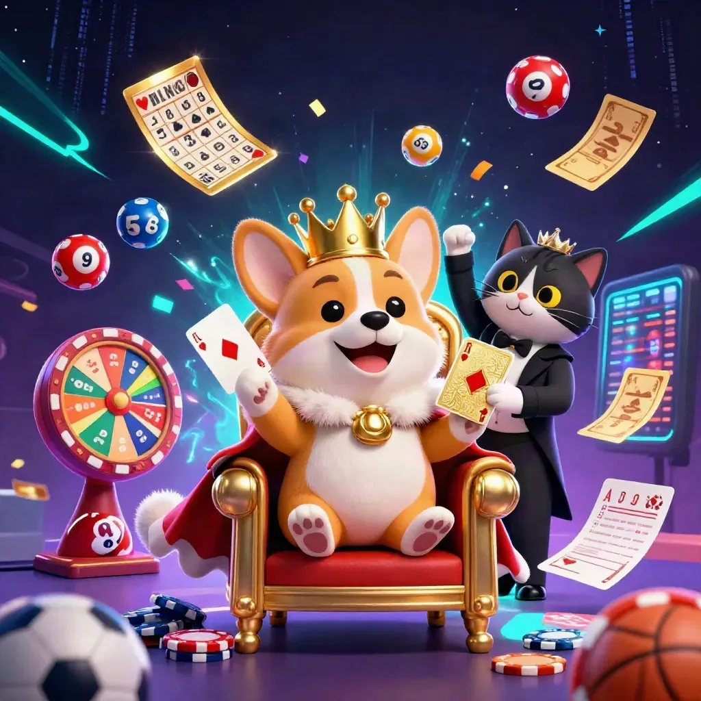Crowned corgi and cat butler amid casino tokens, lottery balls, prize wheel, and glowing effects
