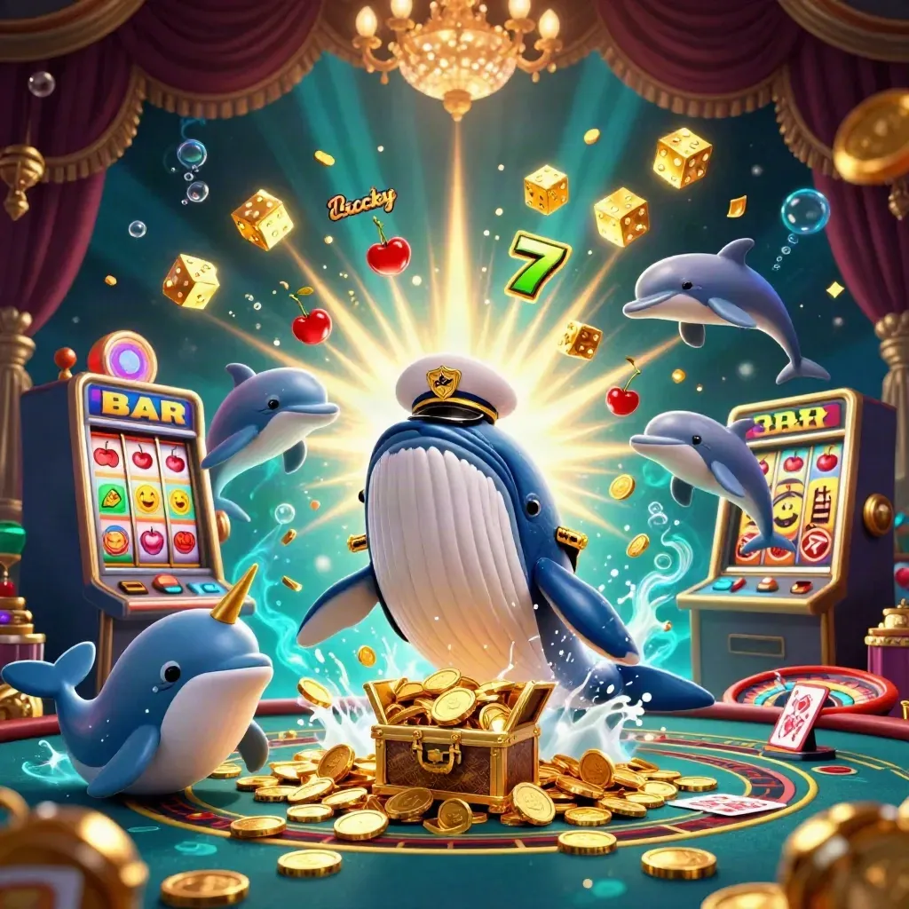 Whale captain, narwhal, and dolphins burst through coins in a luxe casino scene.