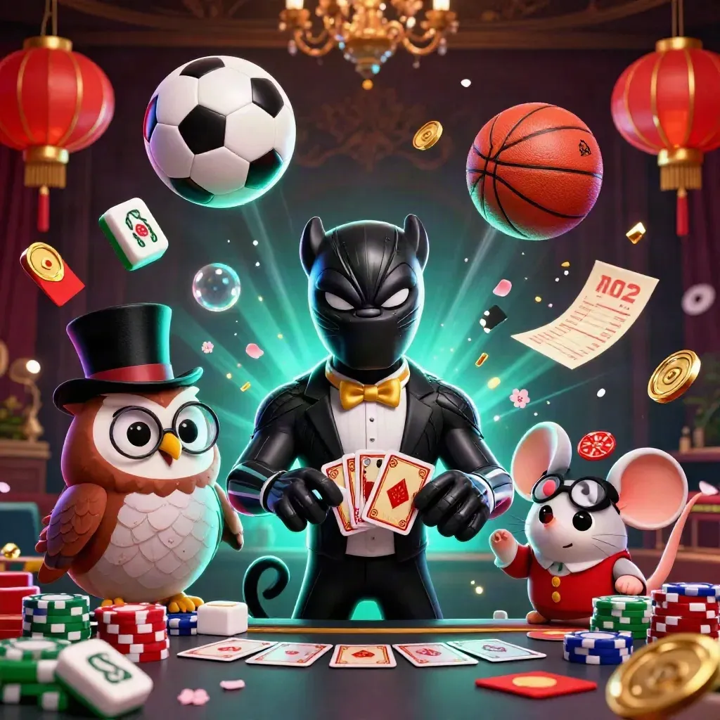 Black panther, owl and mouse with cards, chips and flying balls in a luxe casino-sports burst.
