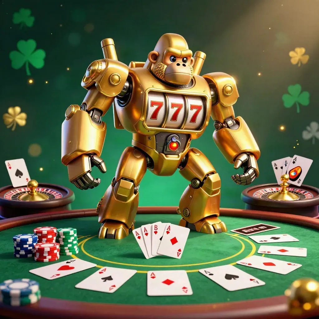 Golden gorilla slot-mech with tiny monkey pilot amid casino tables and glowing chips