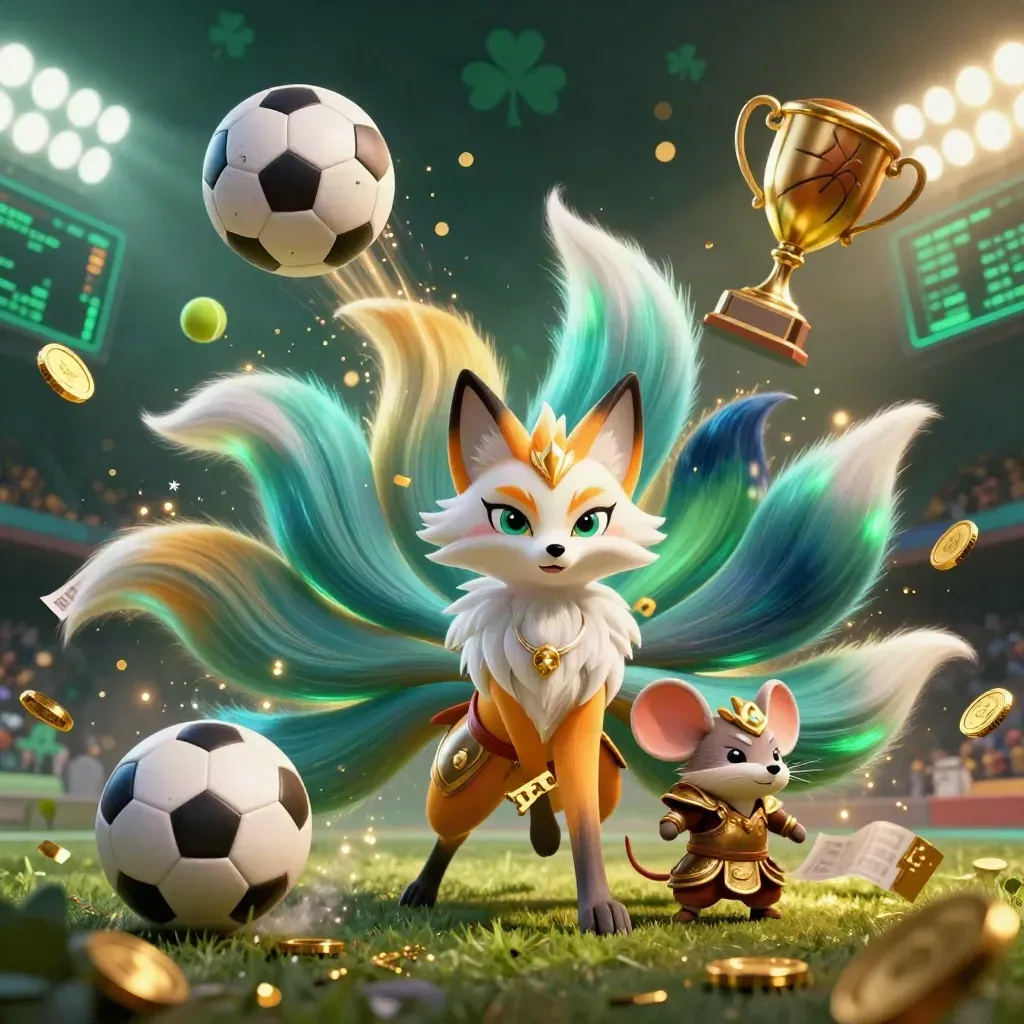 Fox spirit and armored mouse amid flying sports balls, coins, trophy, and stadium lights on a dark casino backdrop.